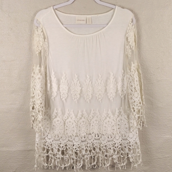 Chico's Cream Crochet Knit Tulle Overlay Round Neckline 3/4 Sleeve Pullover Top - Picture 11 of 12